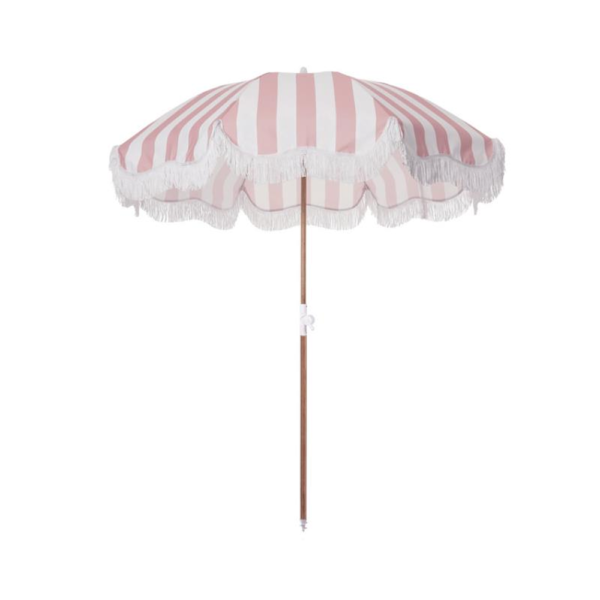 Parasol à rayures Blanc et Rose à franges